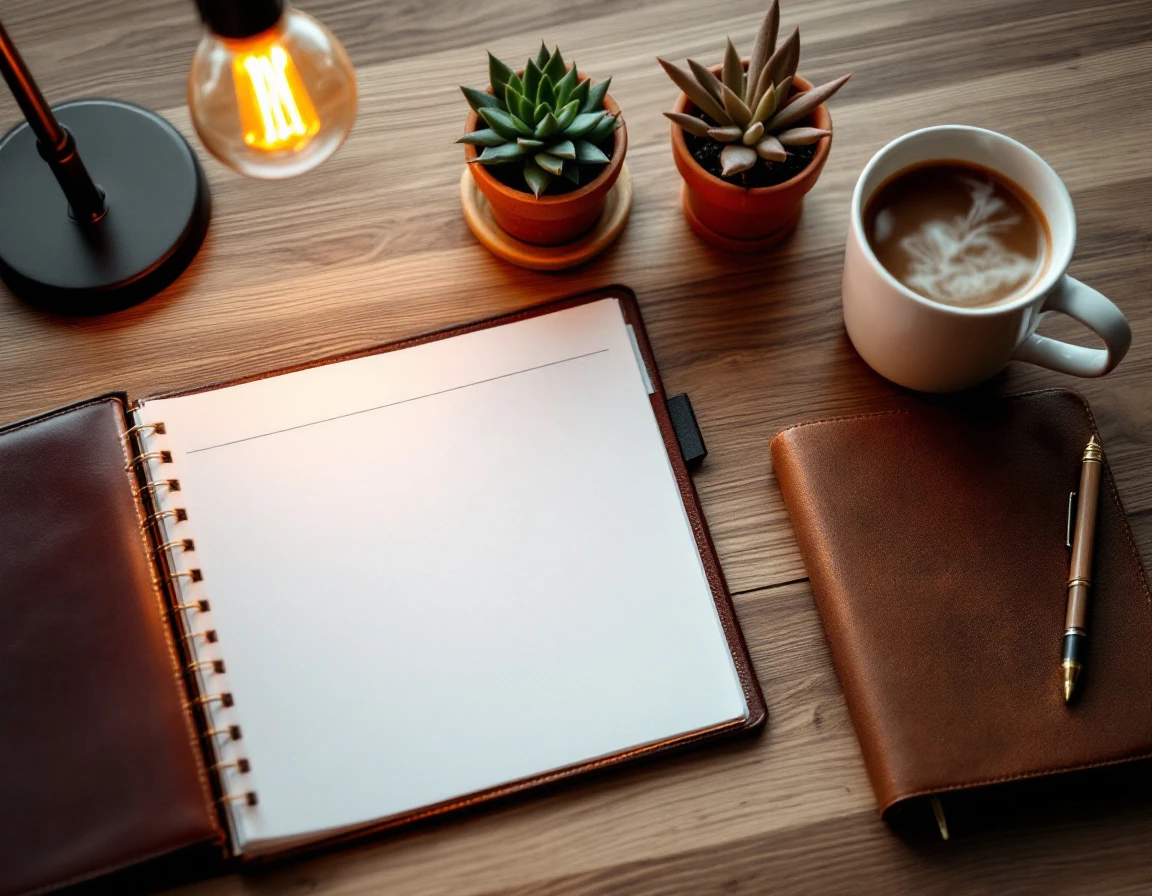 Organized desk workspace with blank calendar, closed planner, desk lamp, and coffee mug for year-end planning