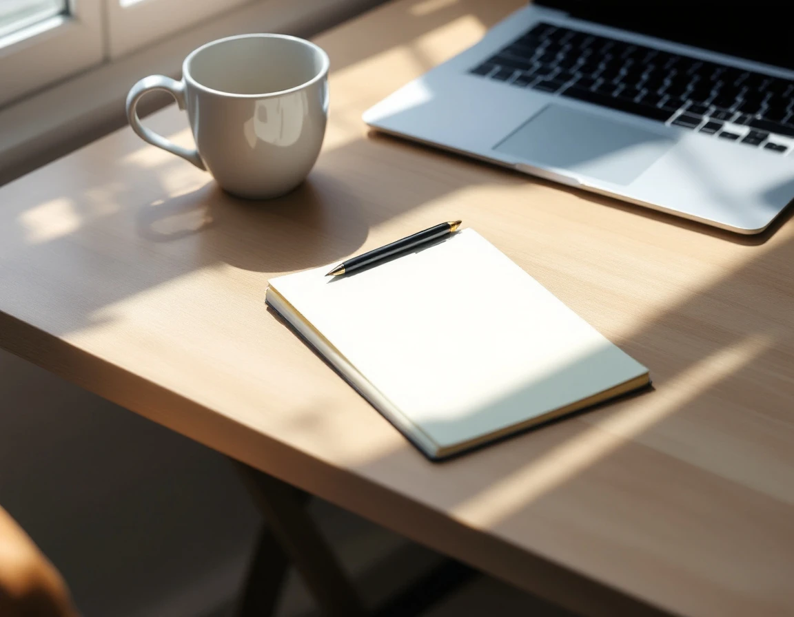 Clean desk with closed laptop, blank notepad, and coffee mug in natural morning light