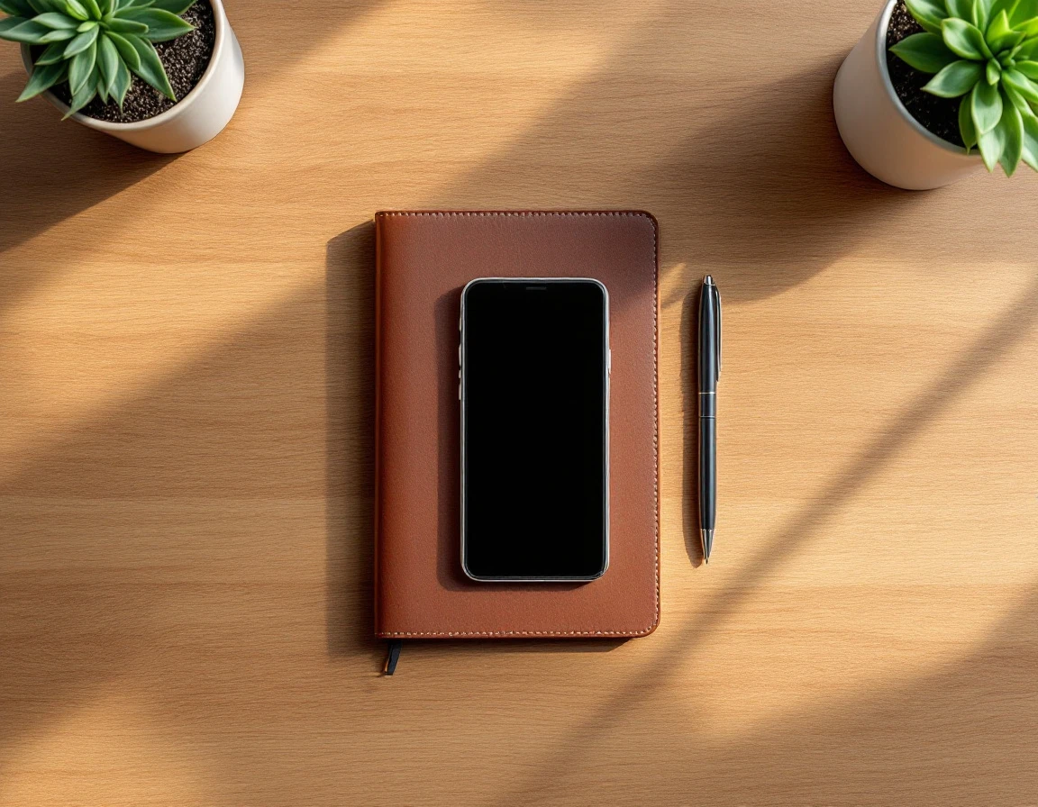 Clean workspace with closed notebook, phone, and pen on wooden desk