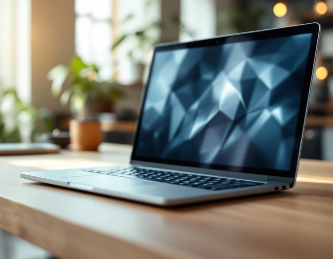 Laptop displaying blurred analytics interface on wooden desk in professional office setting