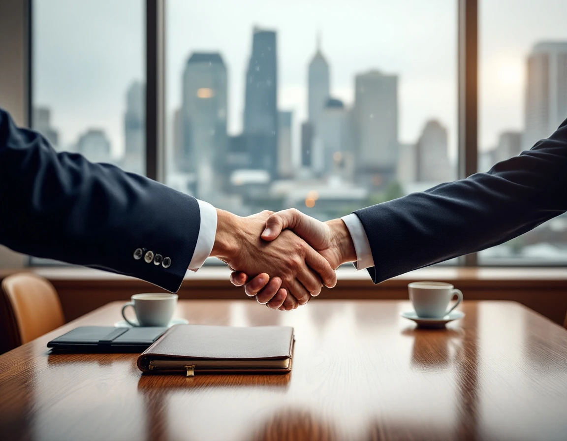 Two professionals shaking hands across a desk with Seattle skyline visible through rain-streaked window
