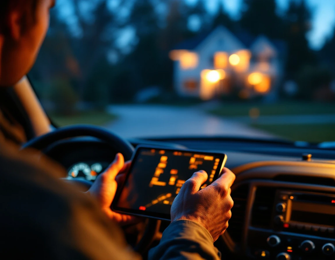 Service professional's hands holding tablet in vehicle at dusk with dashboard lighting and residential background