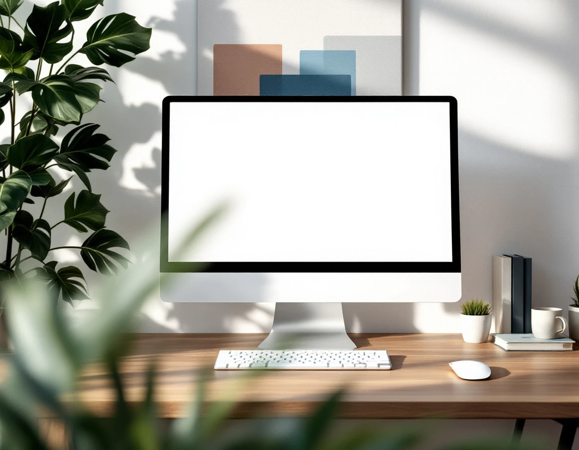 Clean professional desk workspace with blank monitor and abstract wall art for sales automation planning