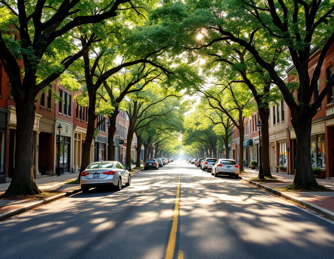 Tree-lined commercial street on a quiet summer morning with varied storefronts and parked cars