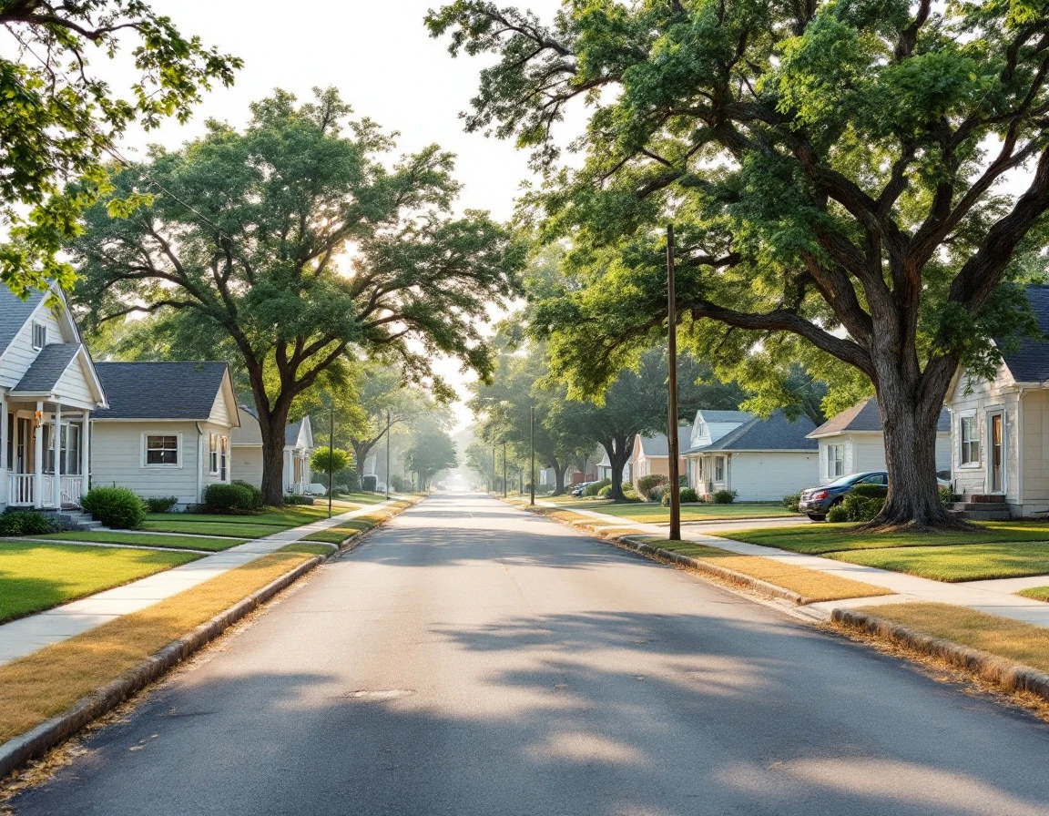 Quiet suburban street with varied homes showing natural summer conditions and authentic neighborhood character