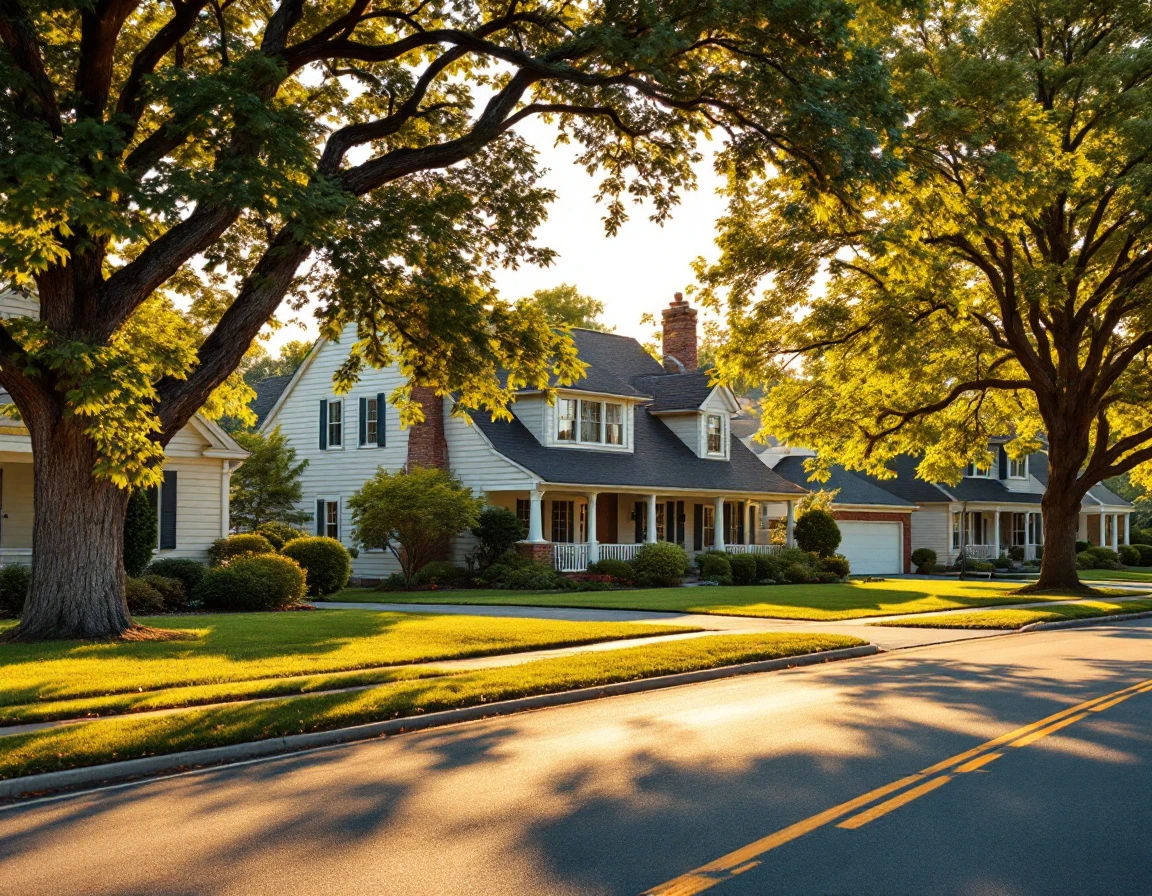 Quiet suburban street during summer afternoon with mature trees casting natural shadows across empty driveways