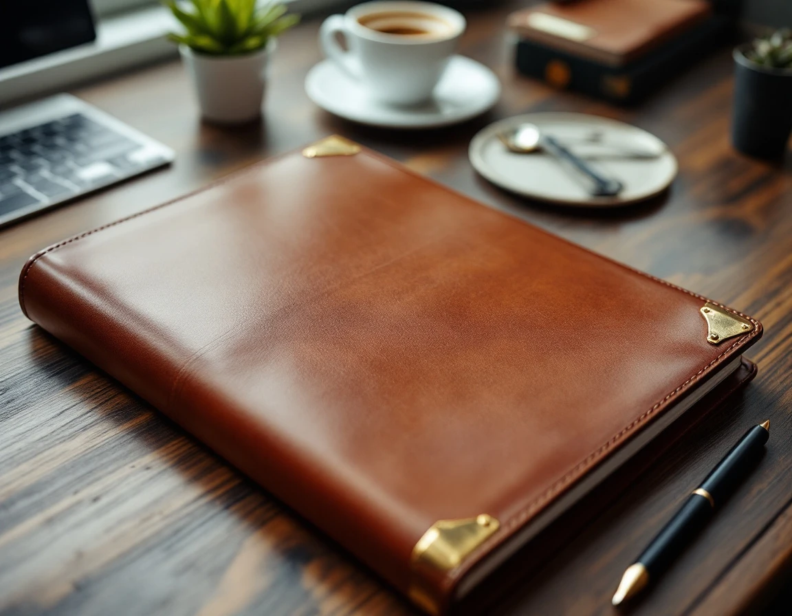 Closed leather portfolio on professional desk with keyboard, coffee cup, and plant in natural lighting