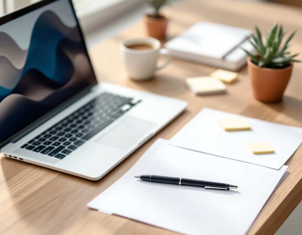 Minimal office desk workspace with laptop, coffee, and documents for CRM retention workflow management