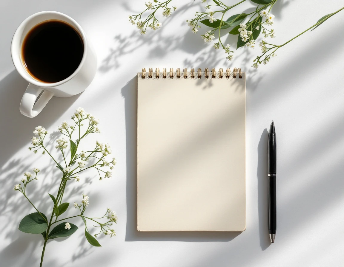 Minimalist workspace with coffee, notepad, and pen in soft natural light