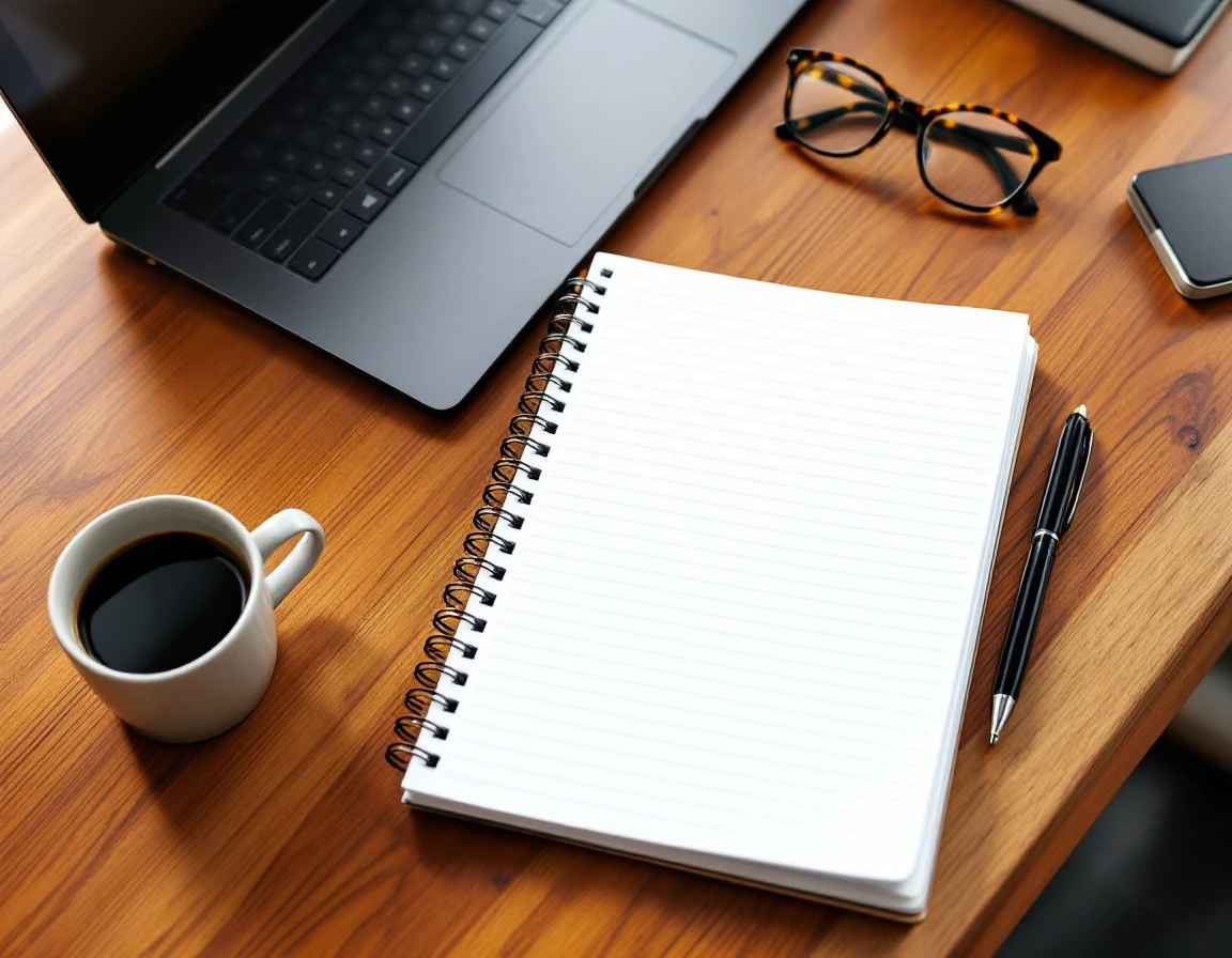 Minimalist workspace with notebook, pen, and laptop arranged on wooden desk with natural window lighting