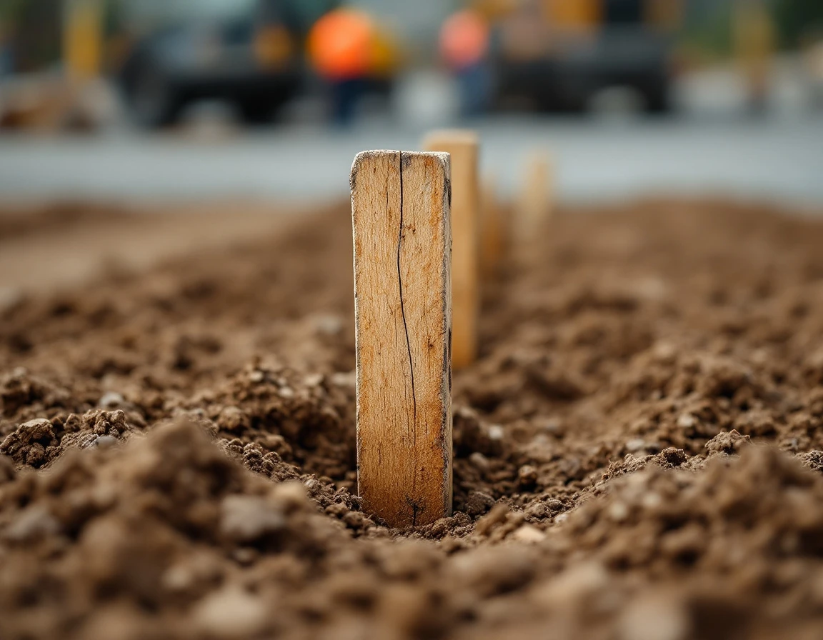 Three wooden stakes marking sequential phases in construction site soil