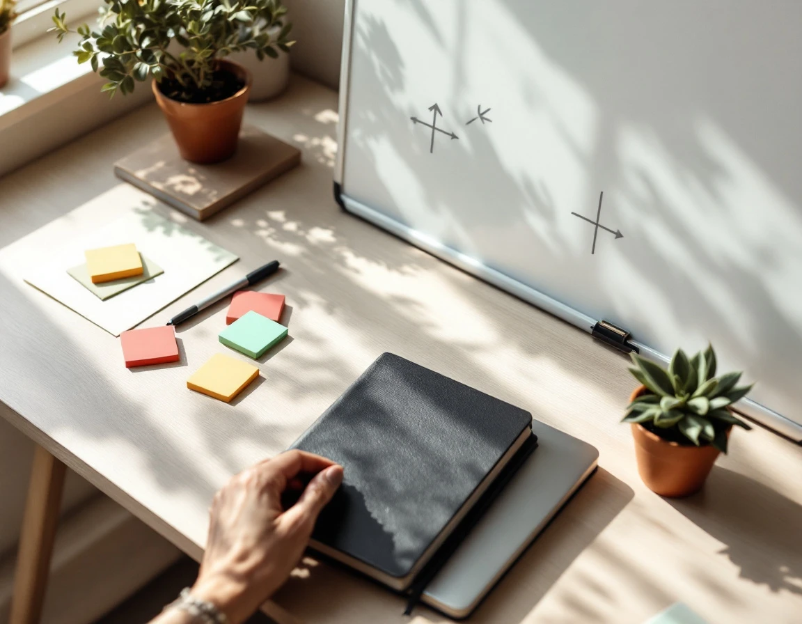 Organized workspace with closed notebook, laptop, coffee, and geometric planning elements on whiteboard