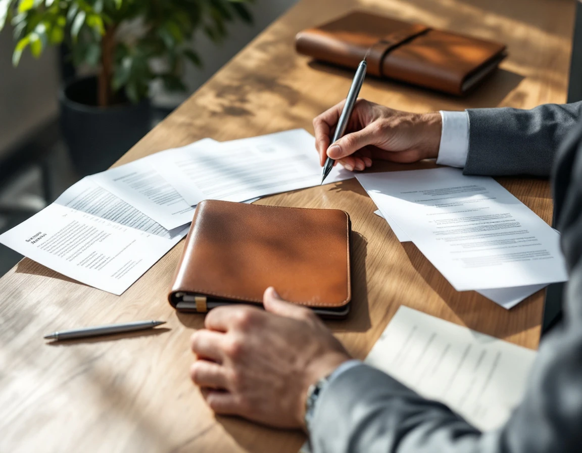 Business professional reviewing documents at desk with natural lighting and organized workspace