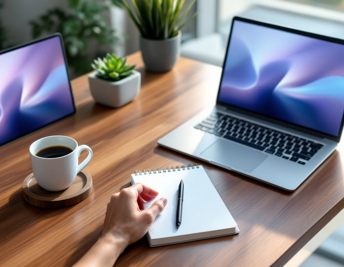 Clean workspace desk with laptop, notebook, and coffee cup in natural morning light