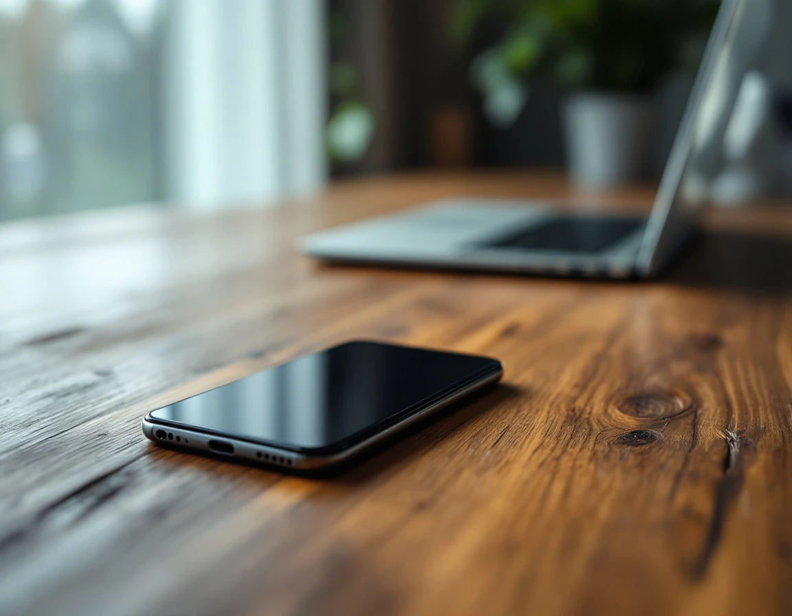 Smartphone on wooden desk in natural office lighting with soft window light