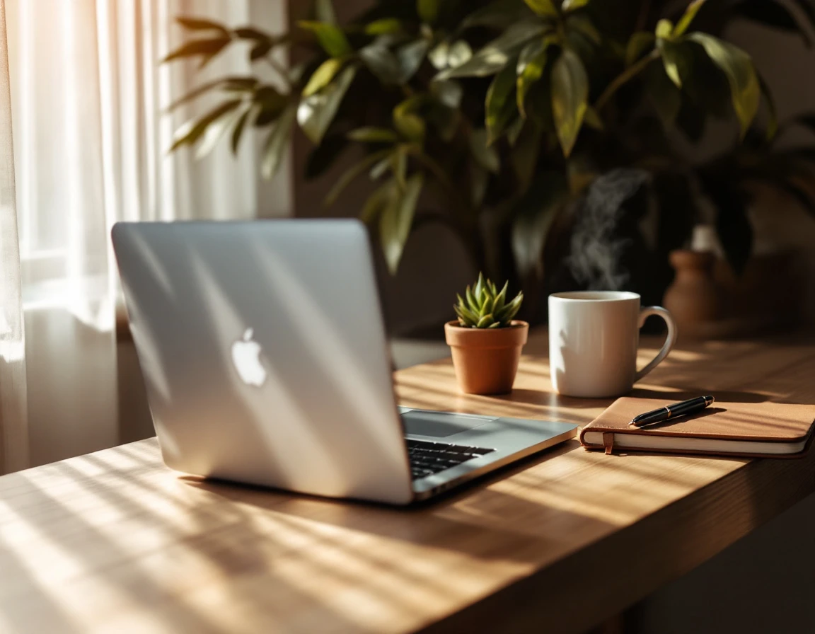 Minimalist desk workspace with closed laptop, coffee mug, and succulent plant in natural morning light