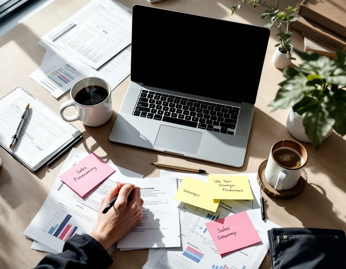 Business workspace with laptop, coffee, and sales planning materials on wooden desk with natural lighting