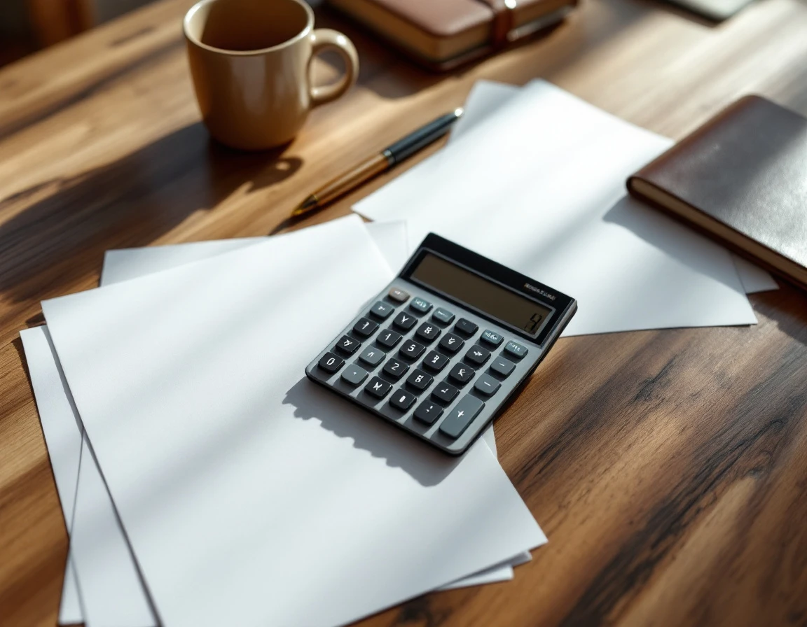 Calculator and blank papers on wooden desk with coffee mug in professional workspace setting
