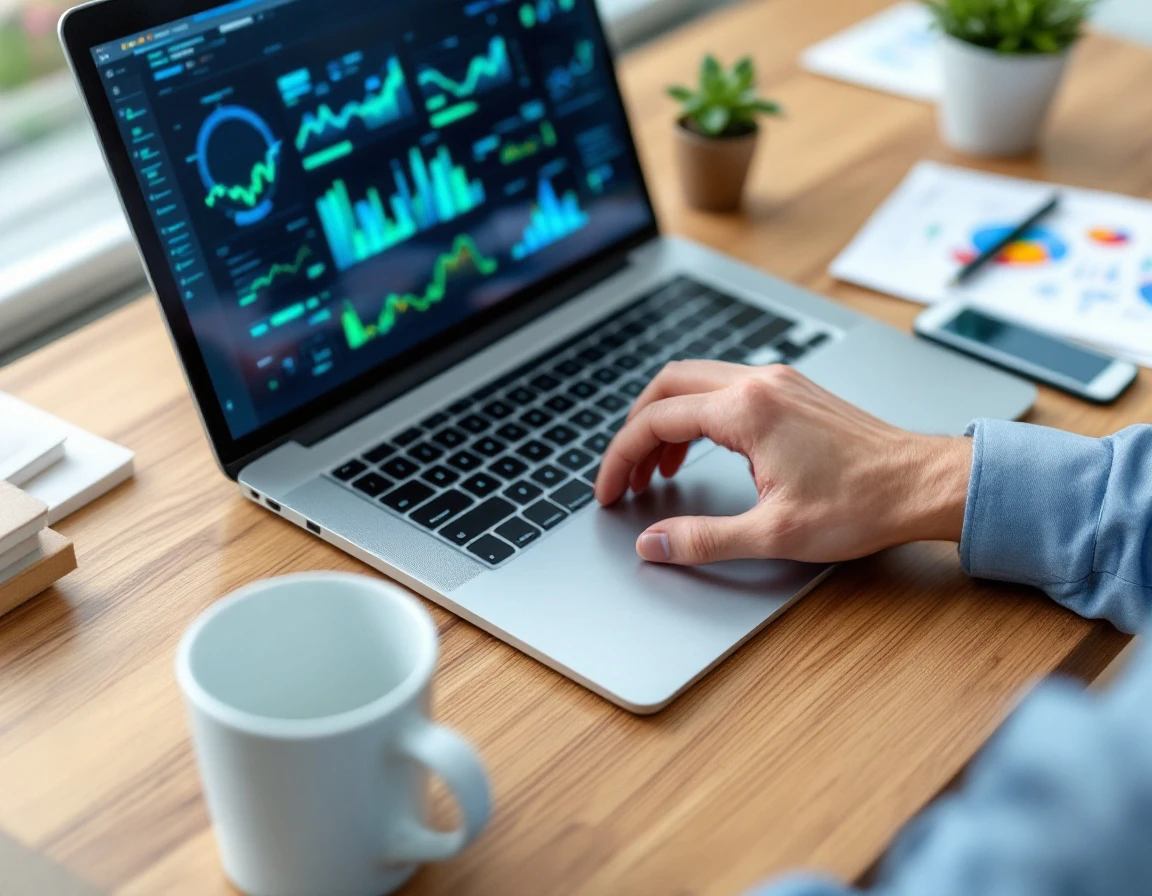 Business professional analyzing pipeline data at desk with laptop, coffee, and analytics reports