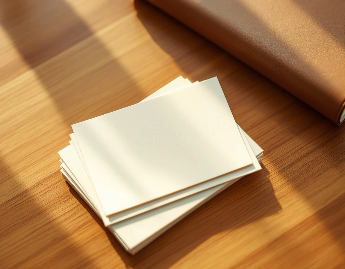 Stacked index cards arranged in sequential order on wooden desk with natural window lighting