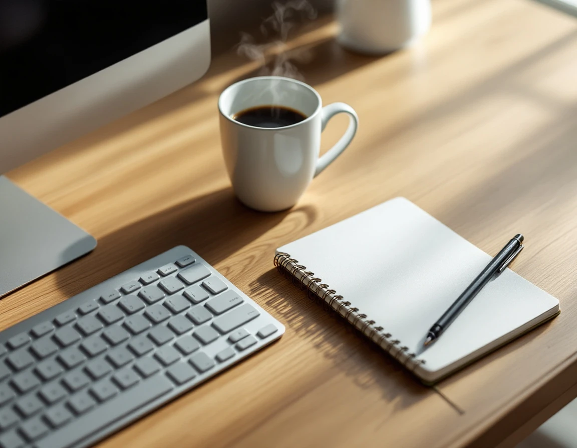 Minimalist desk workspace with keyboard, notebook, and coffee cup suggesting strategic email planning