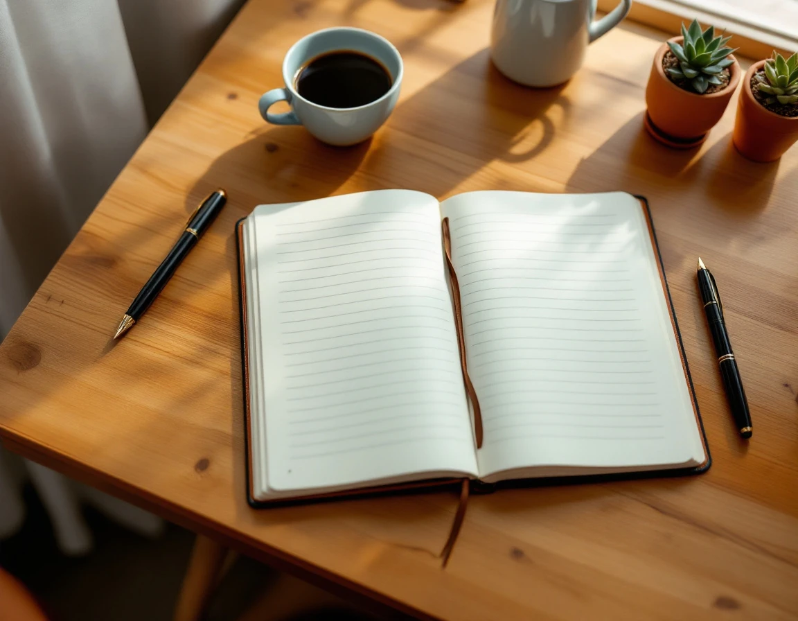 Organized workspace with open journal, fountain pens, and coffee cup on wooden desk in morning light
