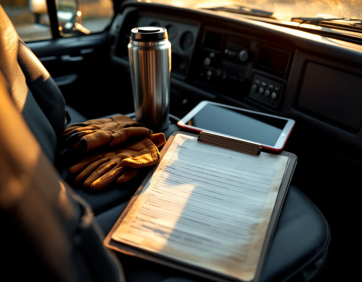 Service truck cab interior with clipboard and tools before morning dispatch rounds begin