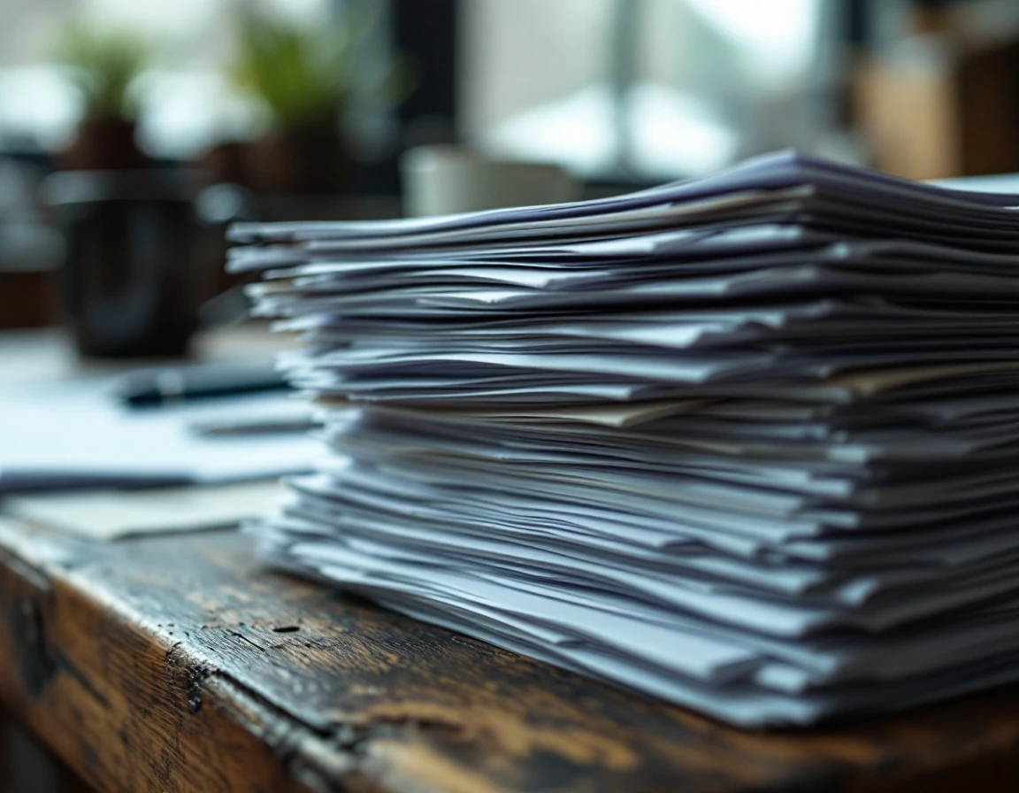 Heavily blurred stack of service work order forms on dispatch desk with no readable text visible