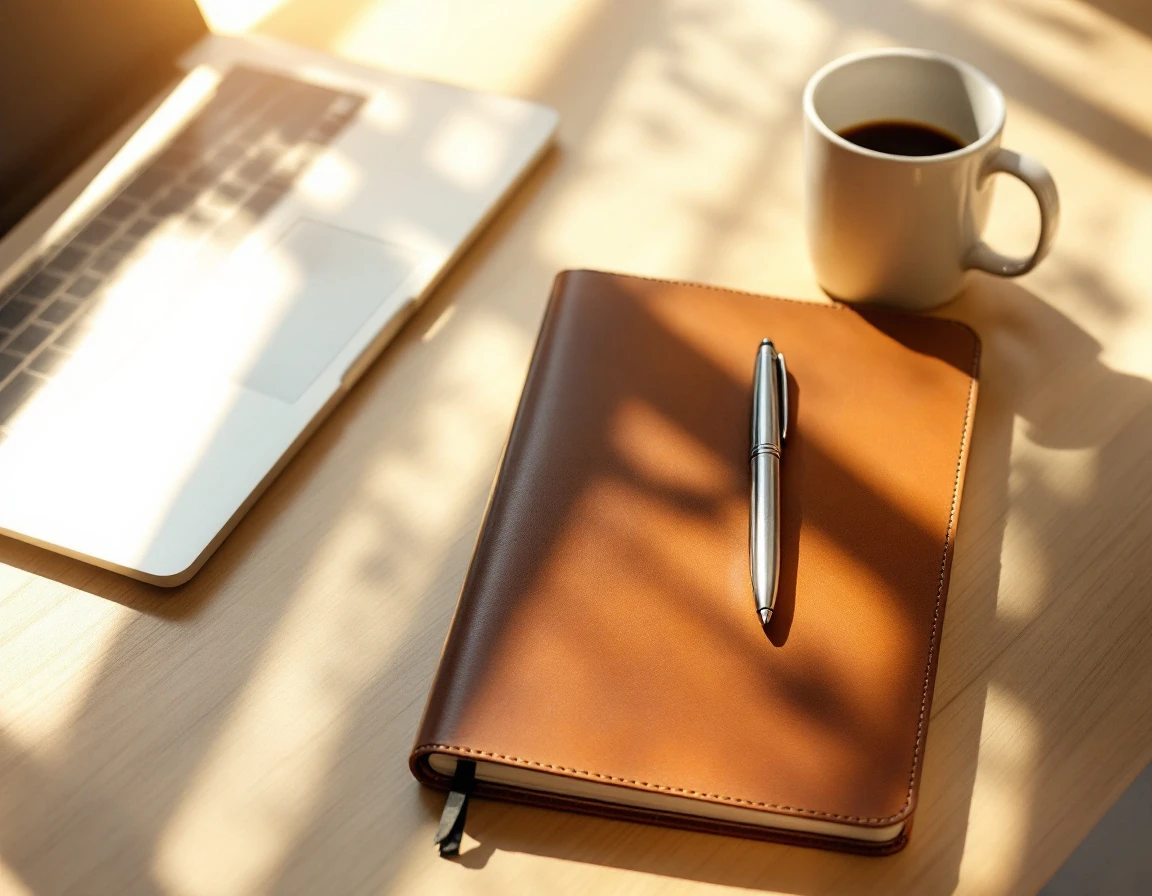 Sunlit workspace desk with closed leather notebook, coffee mug, and pen in warm morning light
