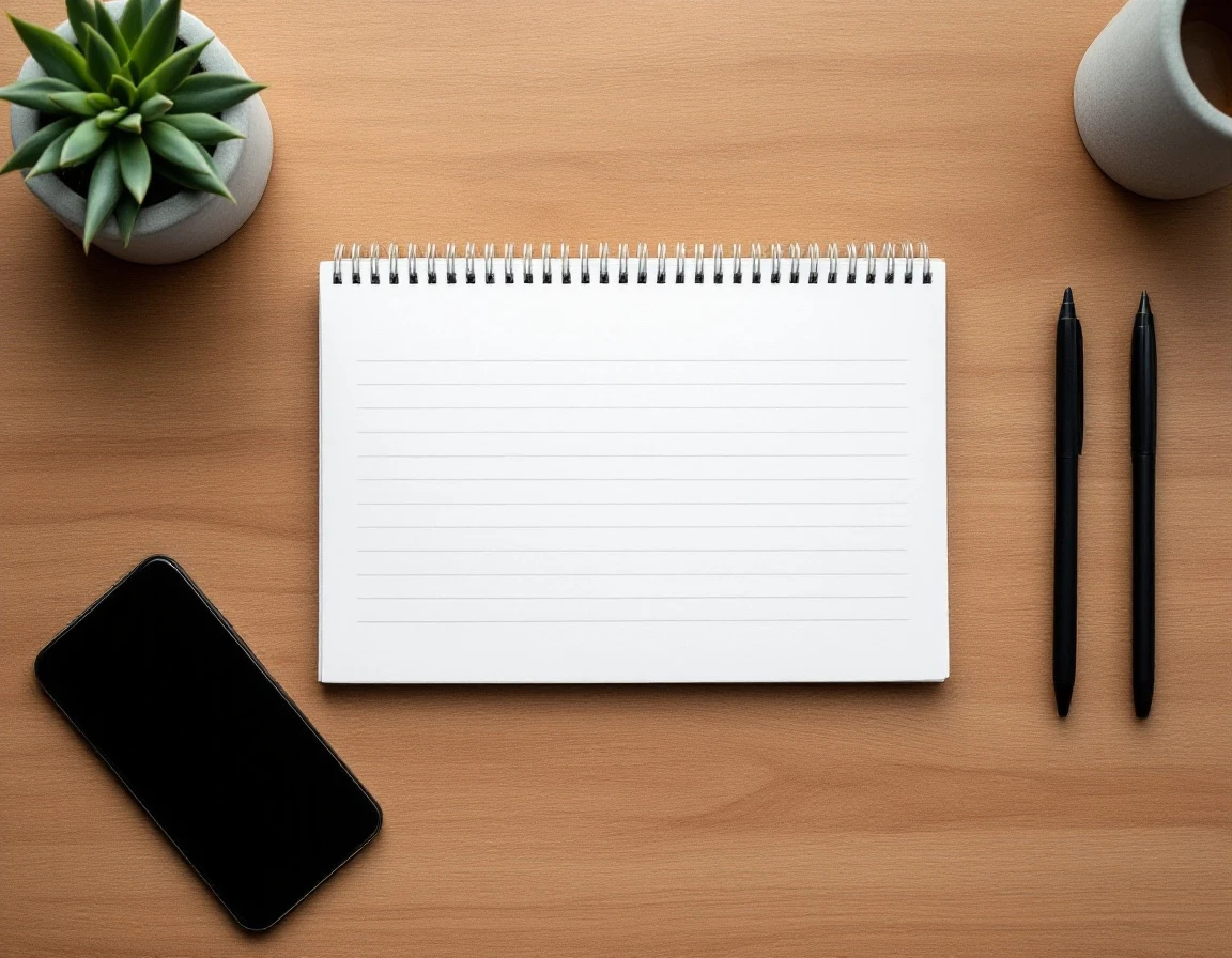 Minimalist desk workspace with blank notepad, pens, smartphone, and succulent in natural morning light