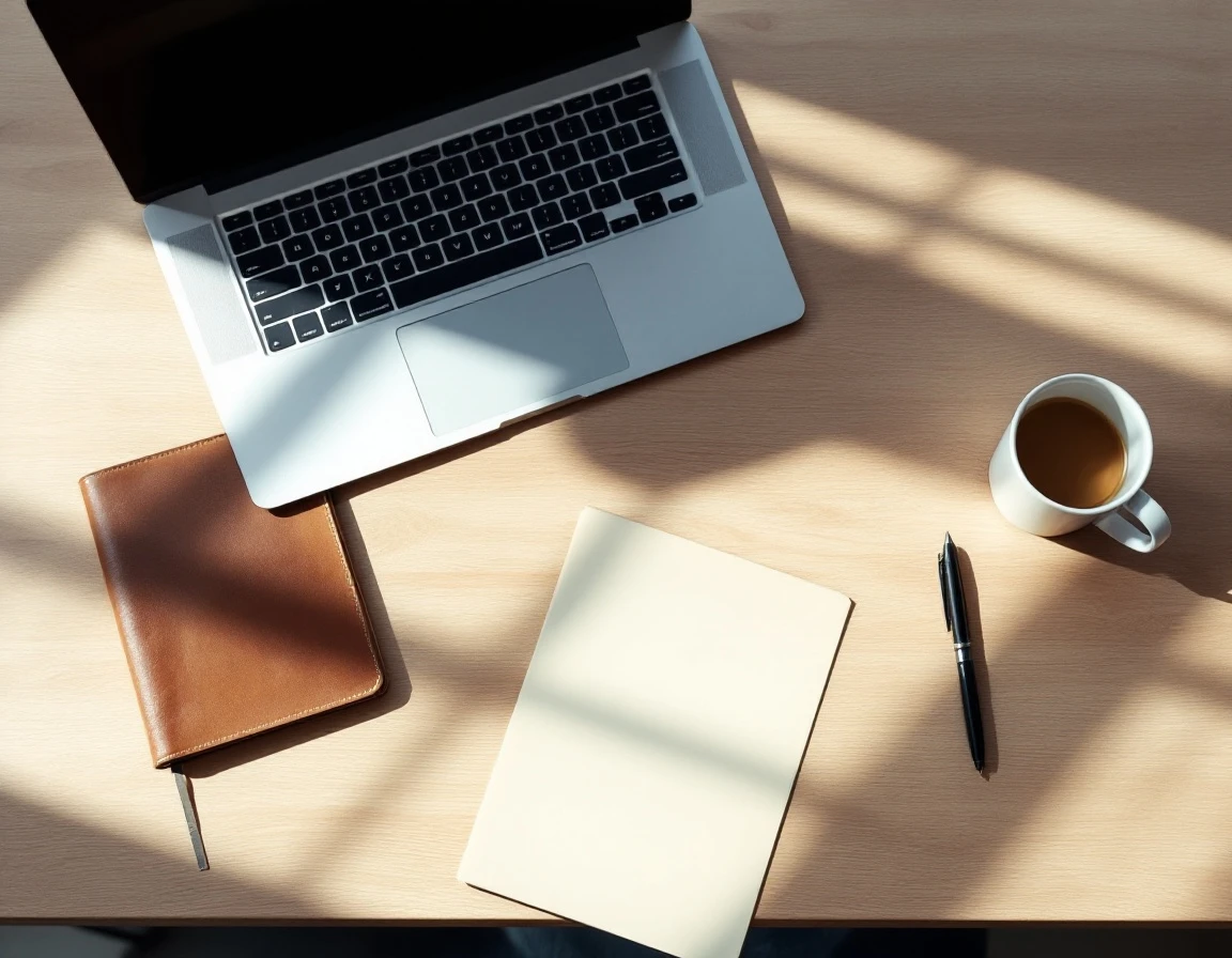 Minimalist desk workspace with laptop, notebook, and coffee mug in natural morning light