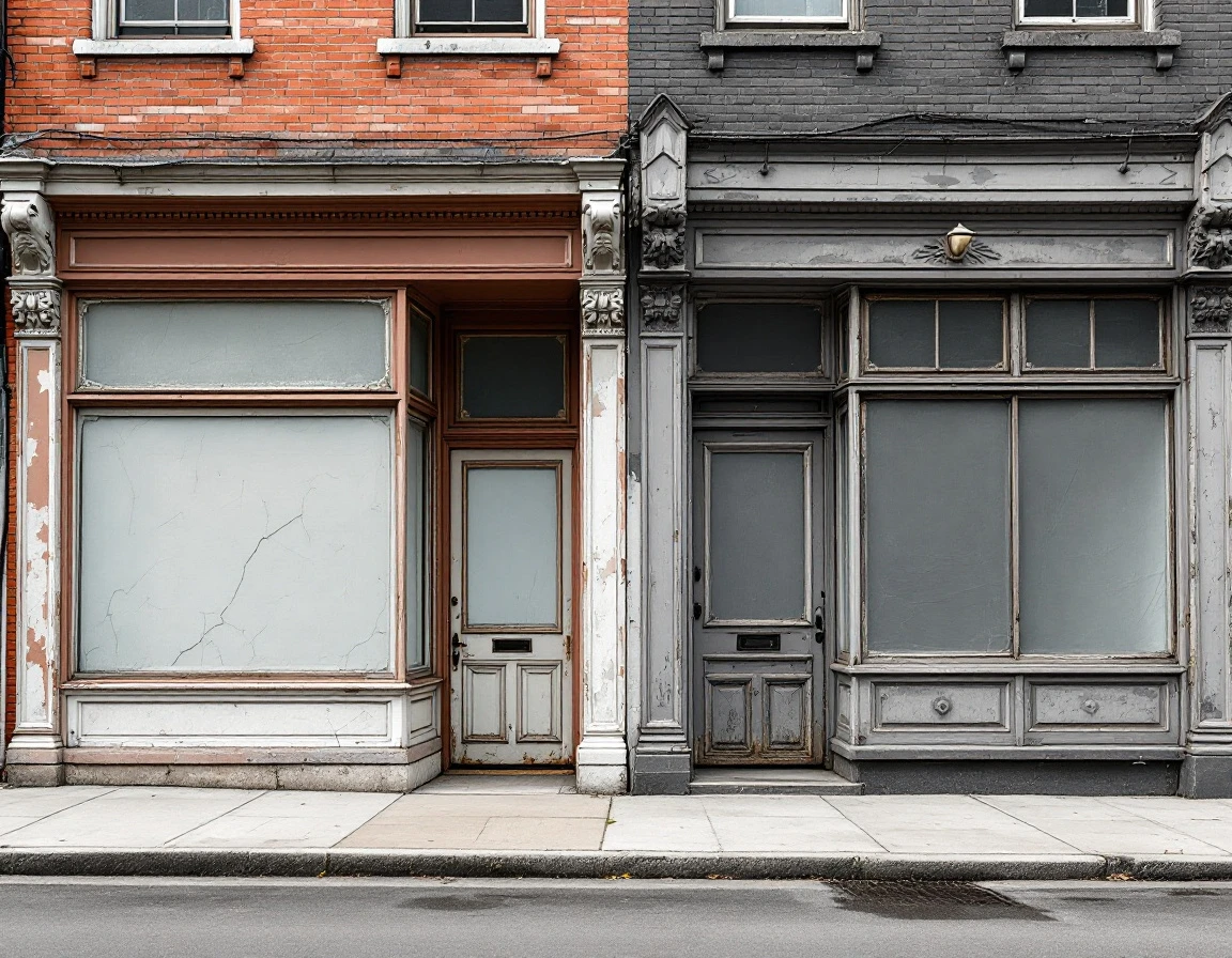 Two adjacent commercial storefronts showing contrasting maintenance conditions and property management outcomes