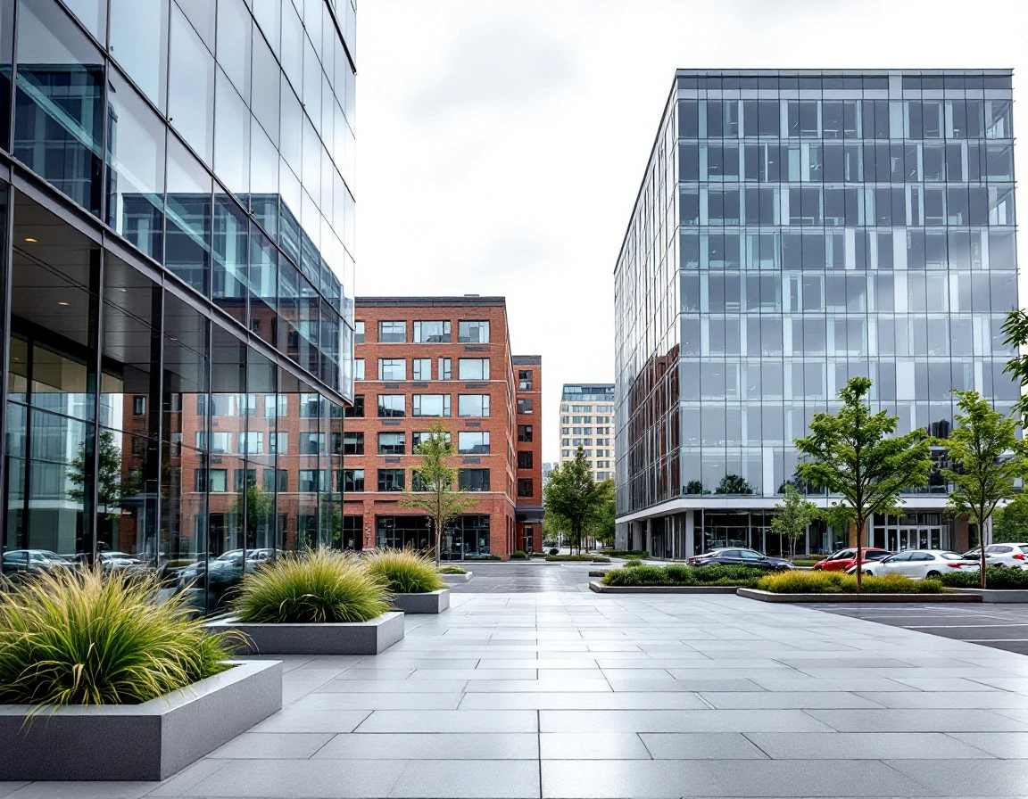 Contrasting commercial office buildings showing varying property quality levels in suburban business district