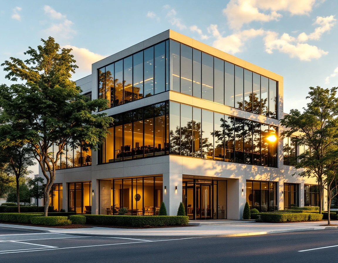 Modern commercial office building with professional landscaping at golden hour