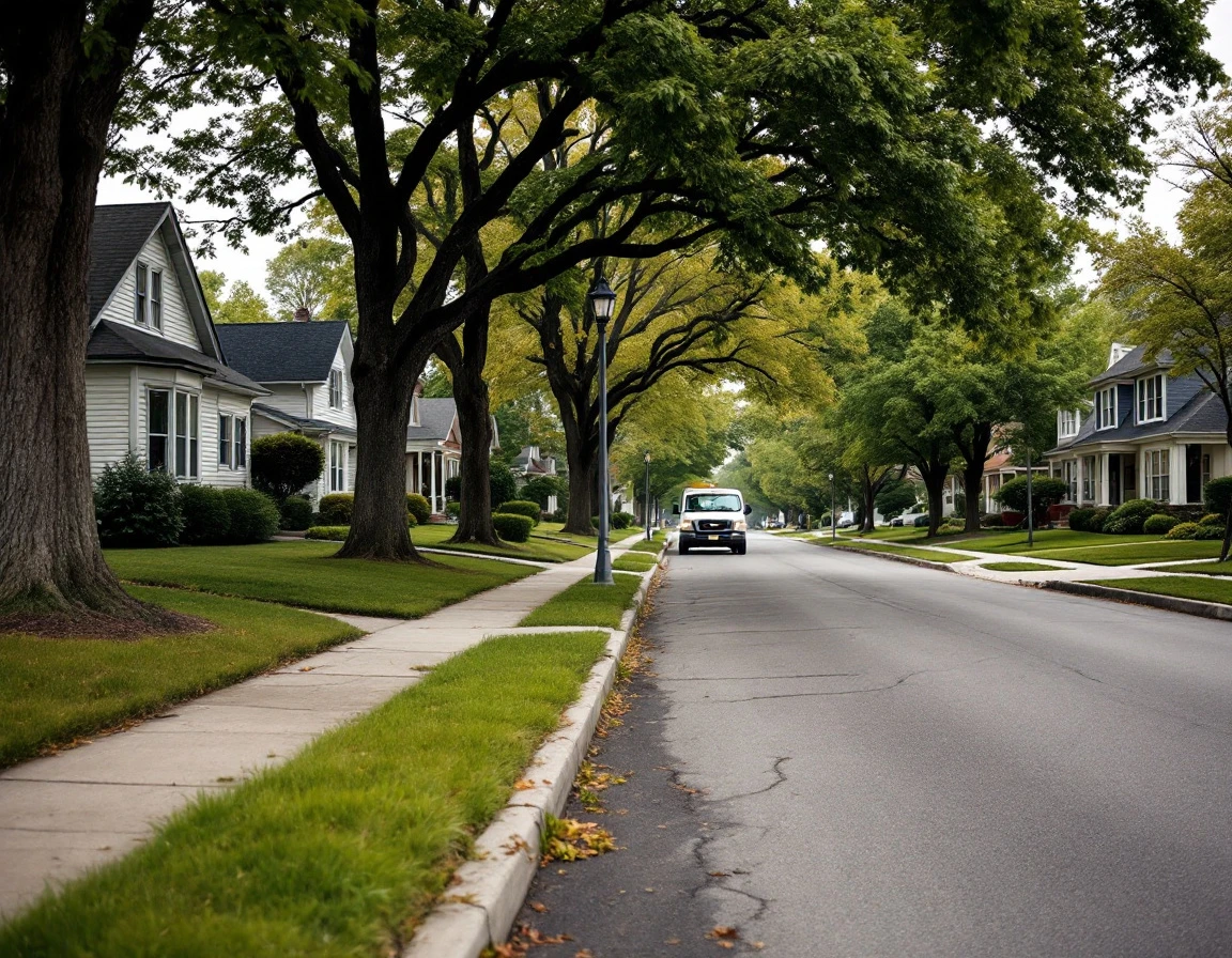 Residential neighborhood street with contractor vehicle parked among single-family homes and mature trees