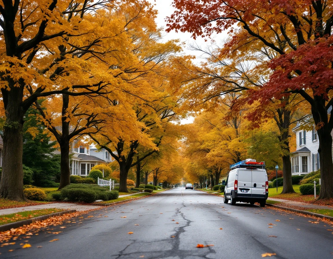Autumn residential street with contractor vehicle parked along tree-lined suburban neighborhood