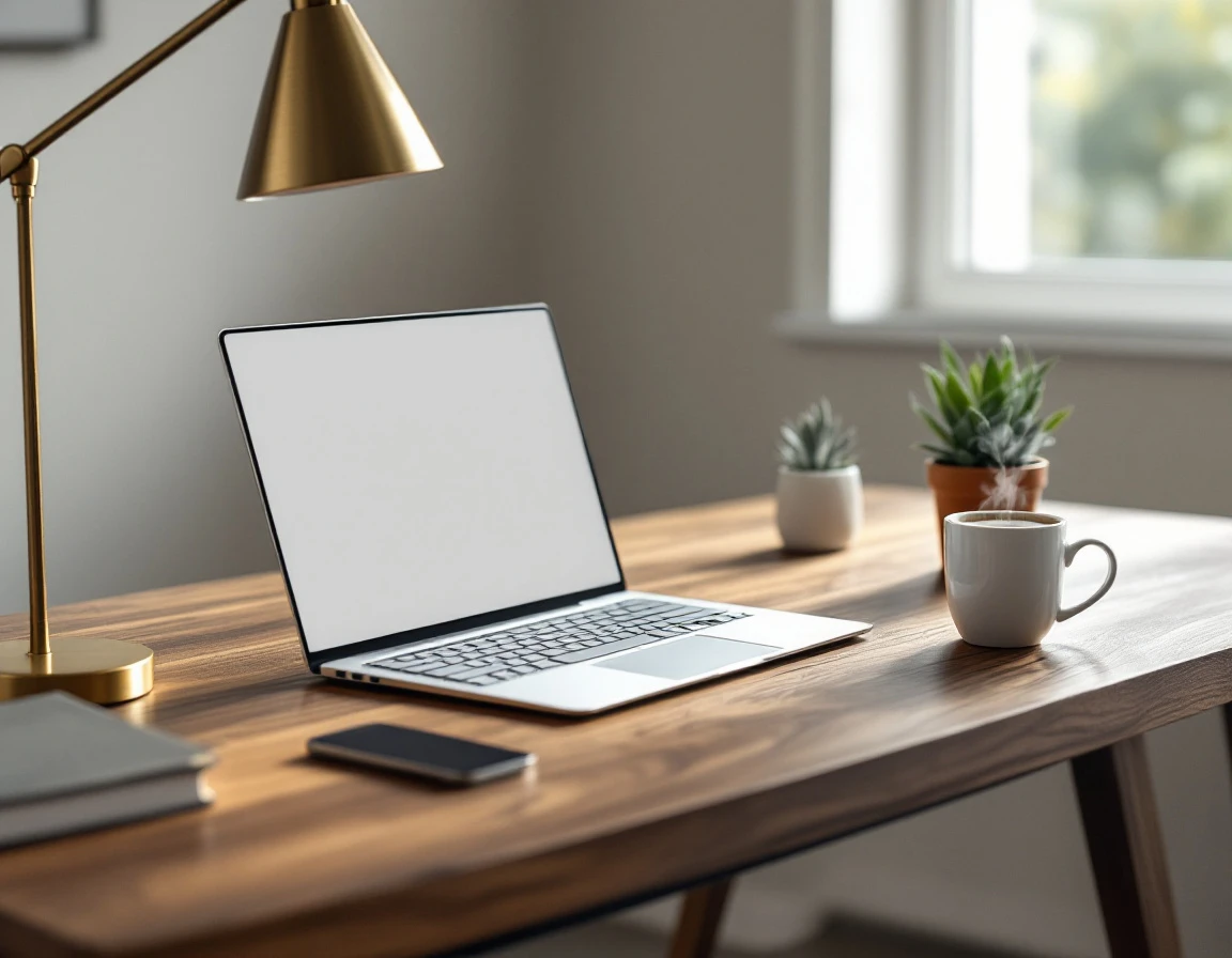 Clean workspace desk with laptop, coffee mug, and minimal office essentials in natural lighting