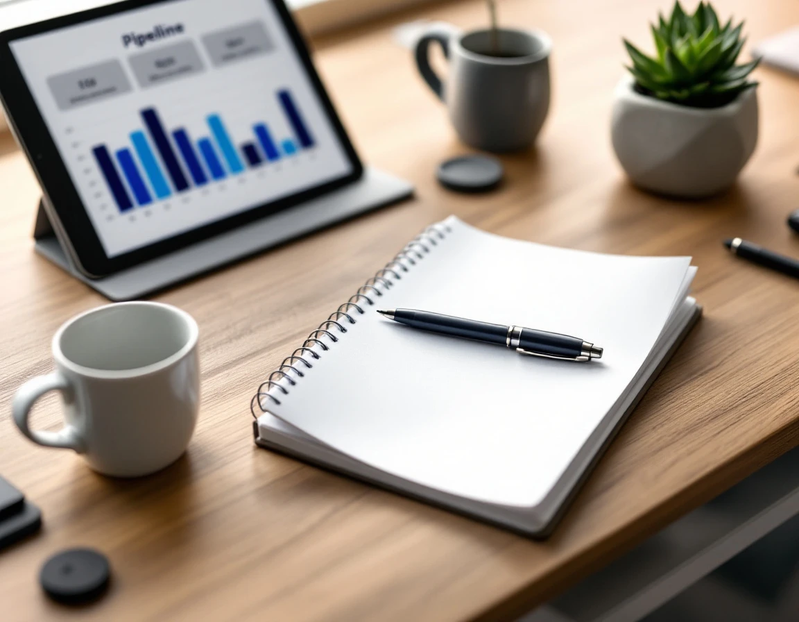 Clean workspace with notebook, coffee, and blurred pipeline analytics on screen supporting sales operations workflow