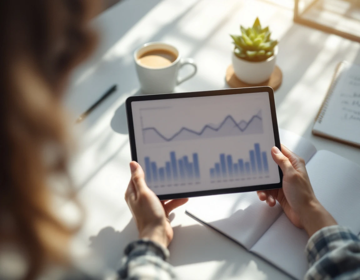 Hands holding tablet with abstract data visualizations at desk workspace with coffee and plants