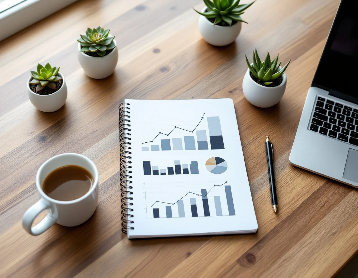 Overhead view of organized desk workspace with notebook, calculator, coffee mug, and planning materials
