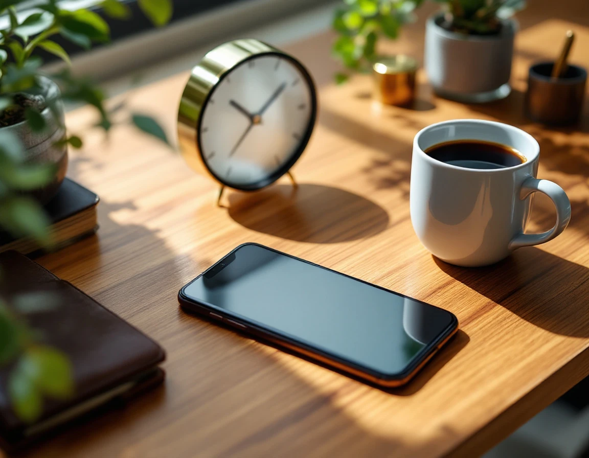 Professional workspace with smartphone, coffee, clock, and desk accessories suggesting communication discipline