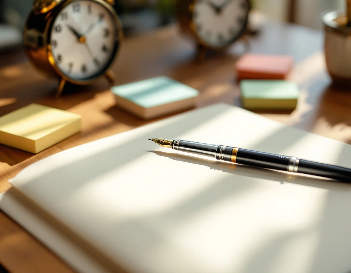 Planning desk with blank planner, pen, dual clocks, and color-blocked notes showing organizational rhythm