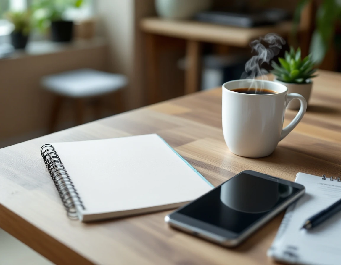 Organized desk workspace with notepad, smartphone, and coffee cup ready for outreach planning