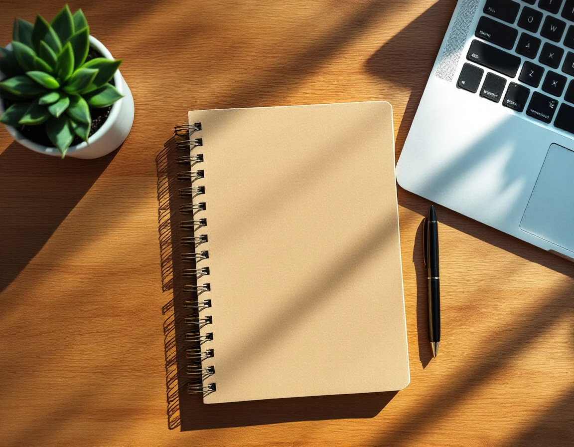 Closed notebook, laptop, and succulent plant on wooden desk in natural morning light
