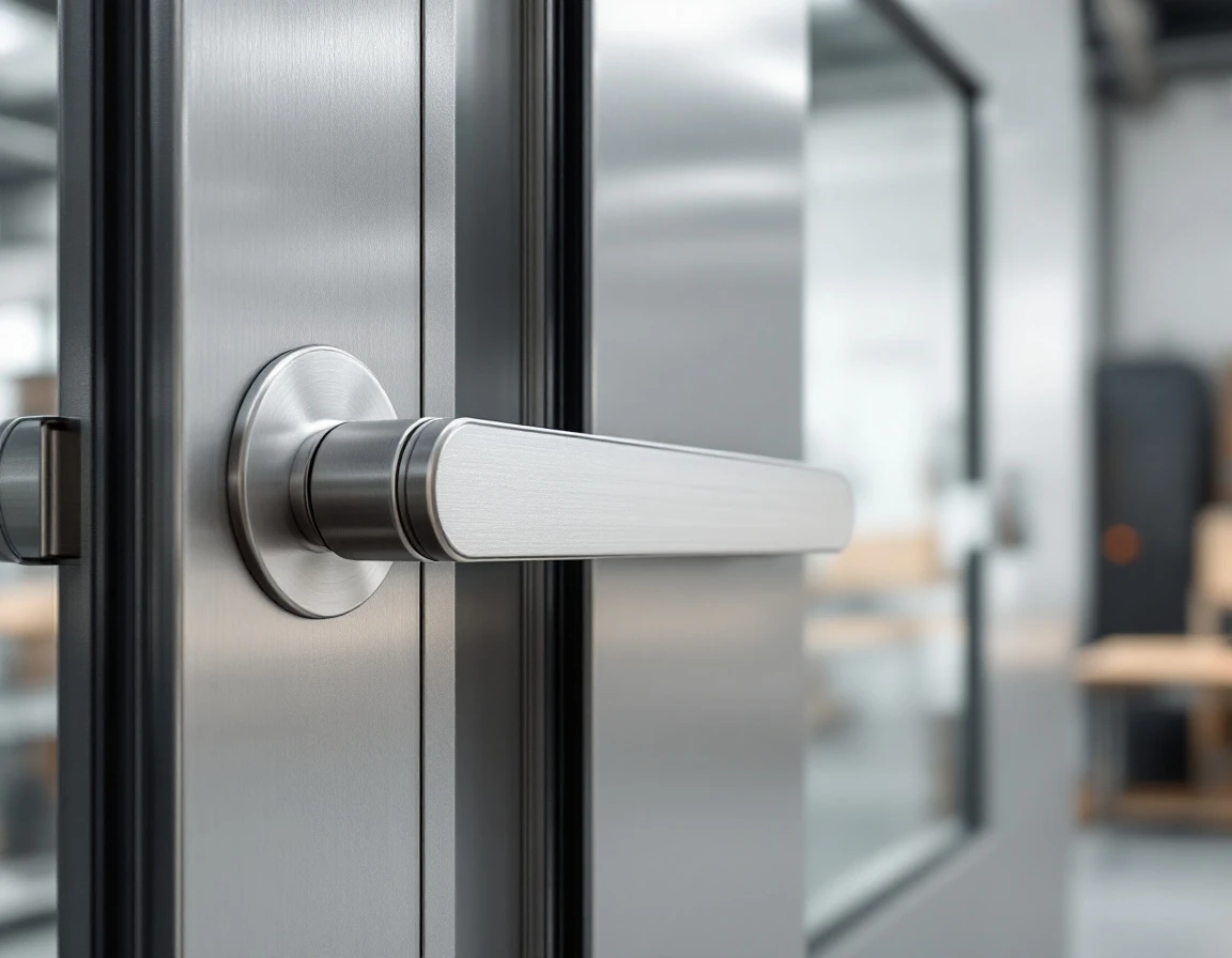 Commercial door hardware and lock mechanism on industrial workbench with natural lighting