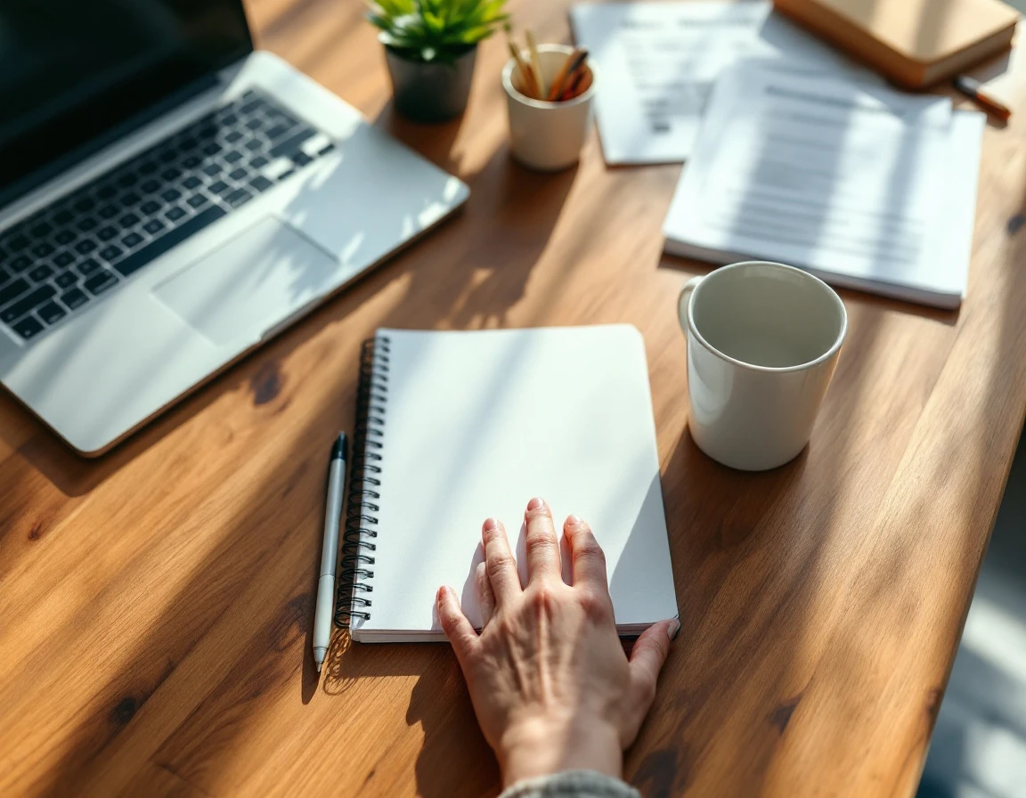 Clean desk workspace with blank notebook and closed laptop, prepared for fall sales planning