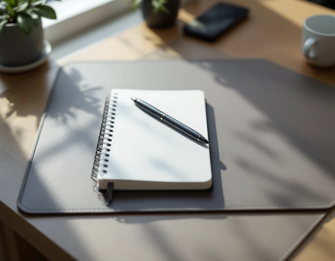 Organized desk workspace with closed notebook and pen suggesting systematic contact list management