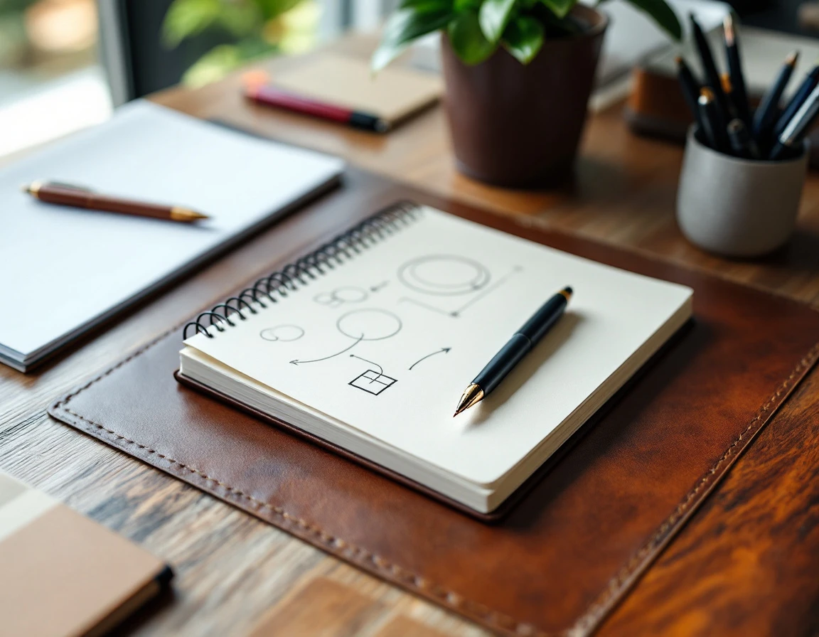 Spiral notebook with abstract geometric sketches and pen on leather desk pad with planning materials