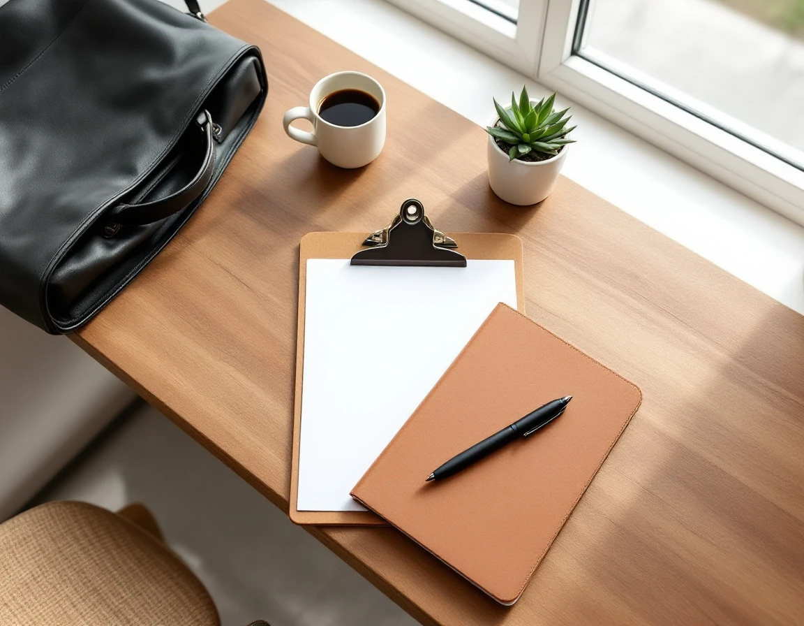Overhead view of minimal workspace with blank notebook, coffee, and leather bag by window