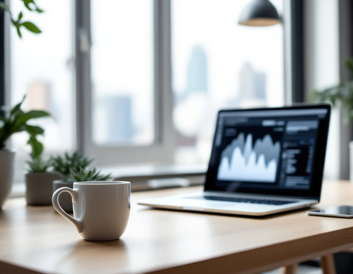 Modern office desk with coffee cup, plant, and laptop showing blurred analytics visualizations
